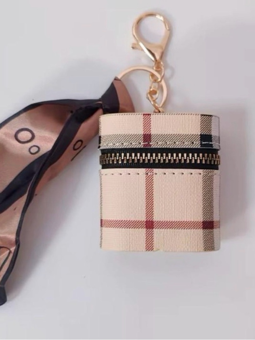 Beige Plaid Zip Keychain Pouch with Gold Hardware